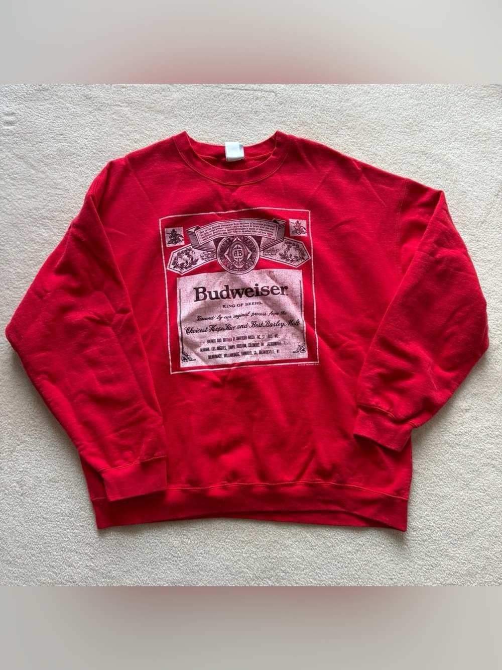 Budweiser Red Crewneck Sweatshirt with Vintage Label Graphic